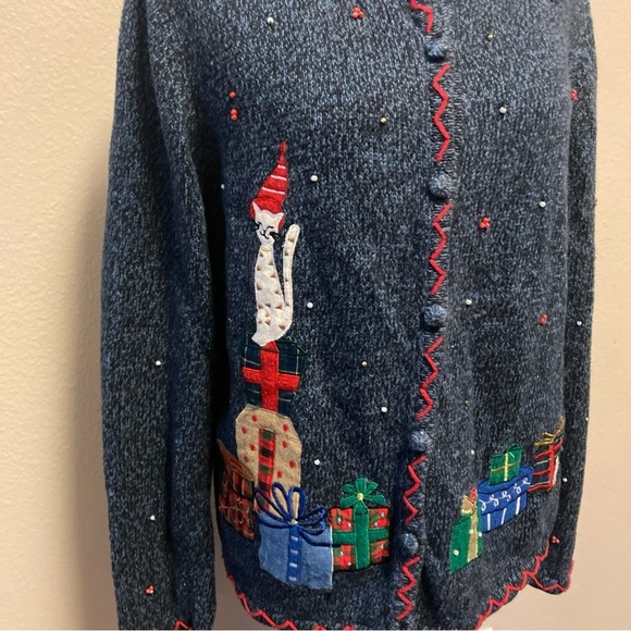 Erika Blue Knit with Red Trim Ugly Christmas Sweater Vintage Cat - Picture 2 of 8